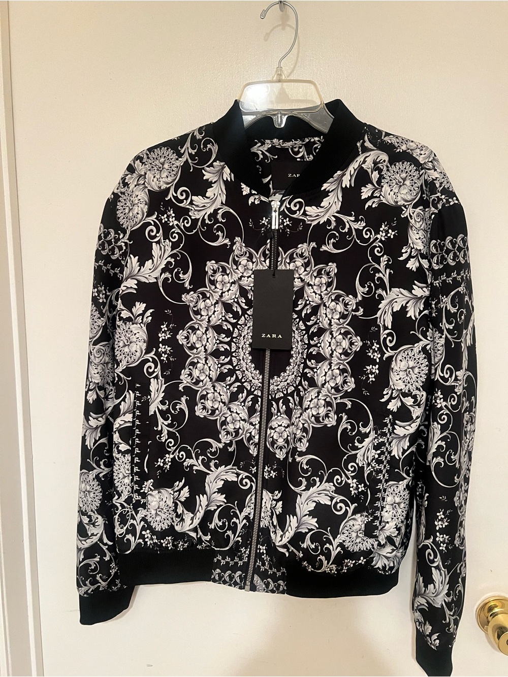 Zara Black & White Baroque-Print Bomber Jacket